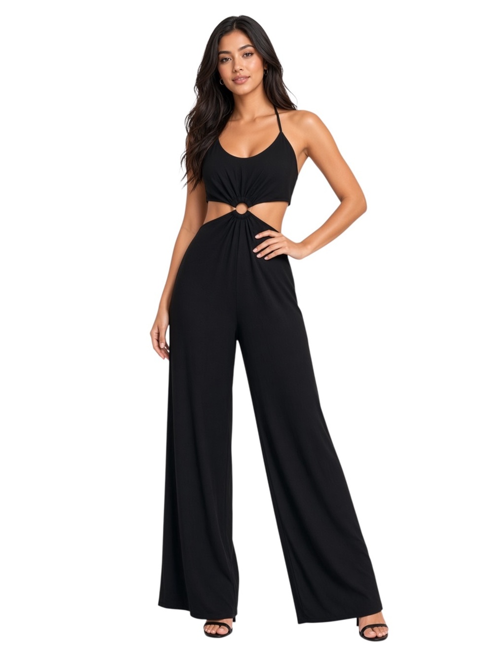 Elegant Black Fifth & Mode O Ring Black Linen Halter Jumpsuit
